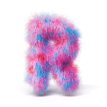 Blue pink fur font Letter R 3D rendering illustration isolated on white background