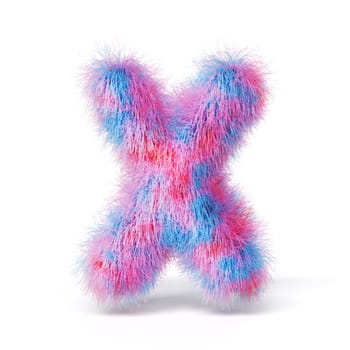 Blue pink fur font Letter X 3D rendering illustration isolated on white background