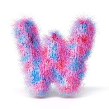 Blue pink fur font Letter W 3D rendering illustration isolated on white background