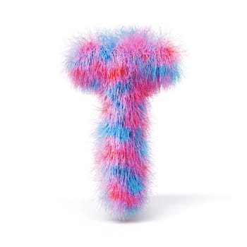 Blue pink fur font Letter T 3D rendering illustration isolated on white background