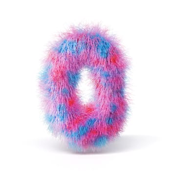 Blue pink fur font Letter O 3D rendering illustration isolated on white background