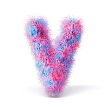 Blue pink fur font Letter V 3D rendering illustration isolated on white background