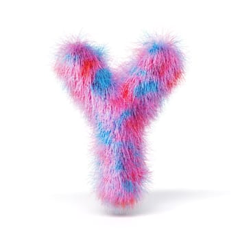 Blue pink fur font Letter Y 3D rendering illustration isolated on white background