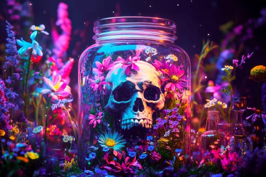 A jar with skull, colorful flowers, herbs and plants. Esoteric, gothic and mysterious background. AI generated
