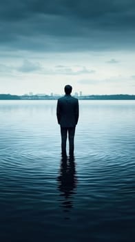 Businessman standing in calm water looking towards distant city under dramatic sky