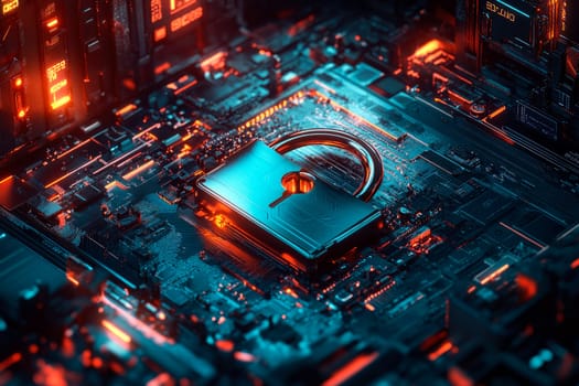 Padlock on a computer hardware. Future technology, cybersecurity and information network protection background. AI generated