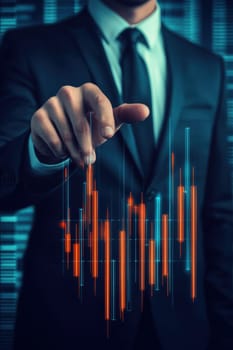 Businessman interacting with a holographic stock market chart, analyzing financial data trends
