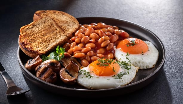 vegetarian English breakfast with baked beans fried mushrooms and egg, AI generated image
