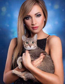 pretty young woman with a cat, AI generated image