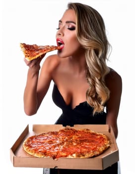 pretty young woman eating pizza margherita, AI generated image
