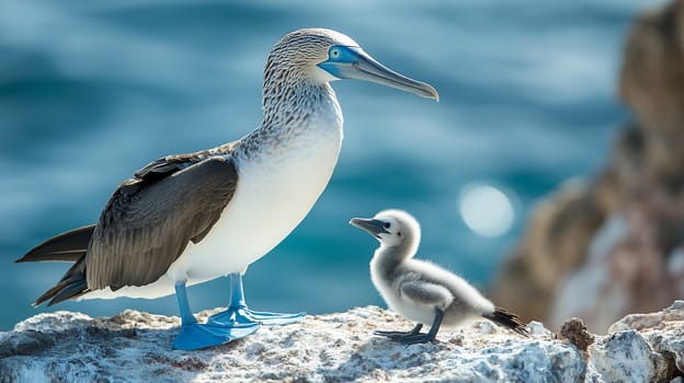 Adult blue footed booby with fluffy white chick on rocky coastline, showcasing parental bond against turquoise ocean background.