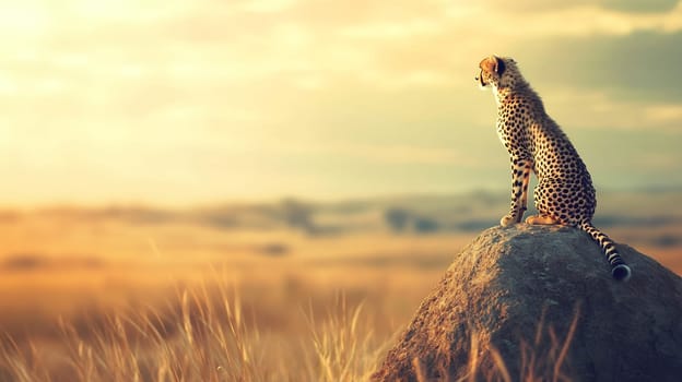 Lone cheetah sitting on rock overlooking savanna at sunset, copy space, place for text, dramatic African wildlife scene at golden hour.