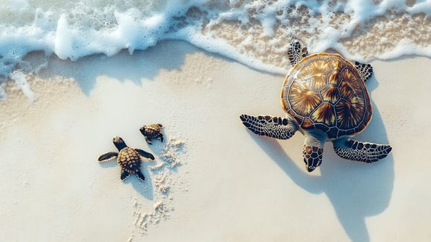 Adult sea turtle and babies on white sandy beach with ocean waves, copy space available, natural parenting behavior in marine wildlife.