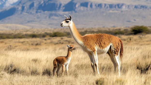 Adult llama and baby standing alert in golden grass field with mountain backdrop, showing natural parenting behavior in wild habitat.