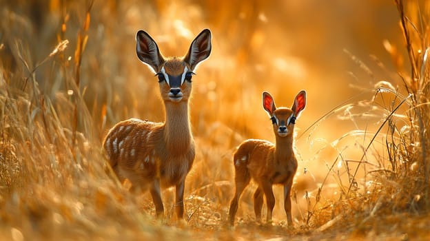 Adult and baby antelope illuminated by golden sunset light in tall grass, creating magical African wildlife scene with warm backlight.