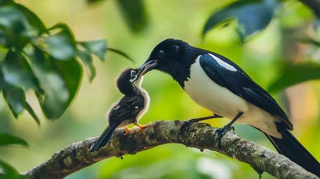 A bird tenderly feeds its chick while perched on a tree branch, illustrating parental care in nature.