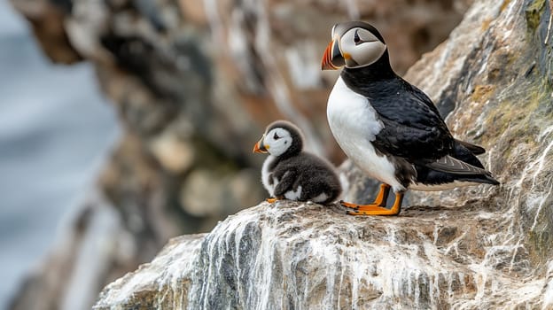 Atlantic puffin standing protectively next to its fluffy chick on rocky coastal cliff, showcasing parental care in seabird colonies.