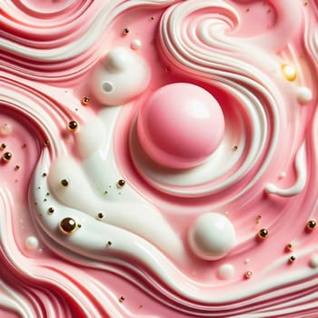 Abstract pattern of flowing, wave-like shapes in pastel colors such as pink, blue and cream, interspersed with shiny pearls and drops.