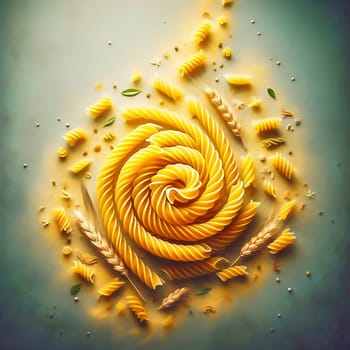 Fusillini, penne and other pasta, decoratively displayed in motion. Food generated with AI