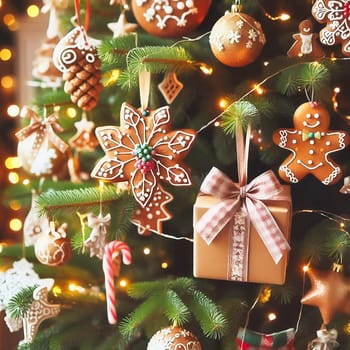 A festively decorated Christmas tree with lights, snowflake ornaments, a gingerbread man and presents that radiate atmospheric light.