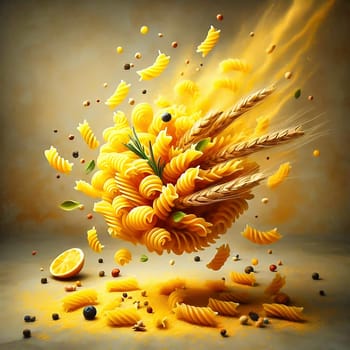 Fusillini, penne and other pasta, decoratively displayed in motion. Food generated with AI