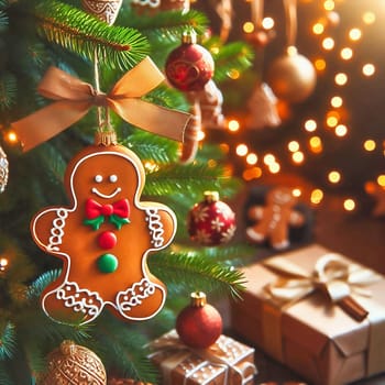 A festively decorated Christmas tree with lights, snowflake ornaments, a gingerbread man and presents that radiate atmospheric light.