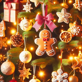A festively decorated Christmas tree with lights, snowflake ornaments, a gingerbread man and presents that radiate atmospheric light.