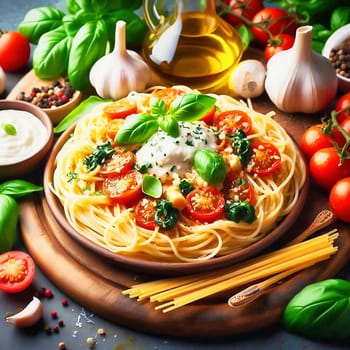 Spaghetti noodles with tomatoes and basil on a plate. Decorative between vegetables and oil on a table. AI generated food