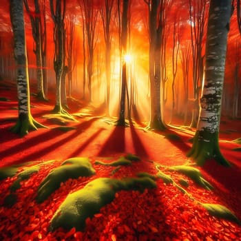 An autumnal forest with glowing red leaves and moss-covered trees, through which the radiant sun casts golden rays of light. AI generated image