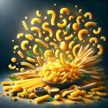 Fusillini, penne and other pasta, decoratively displayed in motion. Food generated with AI