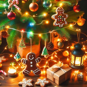 A festively decorated Christmas tree with lights, snowflake ornaments, a gingerbread man and presents that radiate atmospheric light.