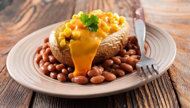 jacket potato with baked beans and cheddar cheese vegetarian food, AI generated image