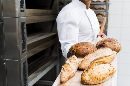 close up male baker holding fresh baked bread wooden shovel from oven. High resolution photo