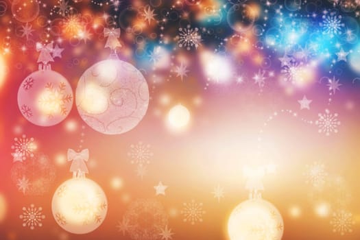 A festive abstract delicate Happy New Year or Christmas background texture with colorful gold yellow turquoise pink blurred bokeh lights and stars. Space for design. Card concept or advertising.