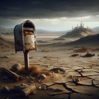 A rusty mailbox standing alone in a desolate, post-apocalyptic landscape, with a distant, industrial cityscape in the background. A high-quality photo.