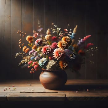 A vase filled with colorful flowers, sitting on a wooden table against a dark wooden wall. The flowers are illuminated by a warm, soft light. A high-quality photo.