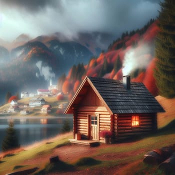 A cozy log cabin with smoke coming from the chimney, nestled in a picturesque mountain valley with a lake, representing a peaceful and idyllic setting. A high-quality photo.