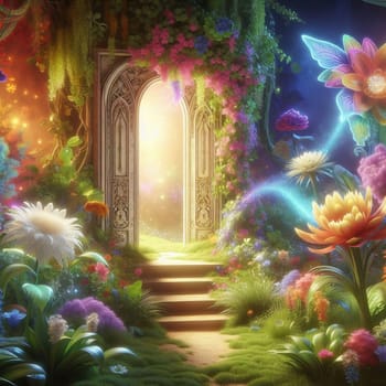 A magical garden with a glowing archway leading to a path of light, surrounded by vibrant flowers and butterflies, creating a whimsical and dreamlike atmosphere. A high-quality photo.