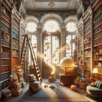 A library filled with books, with a ladder, a globe, and flying books, creating a magical and literary atmosphere. A high-quality photo.