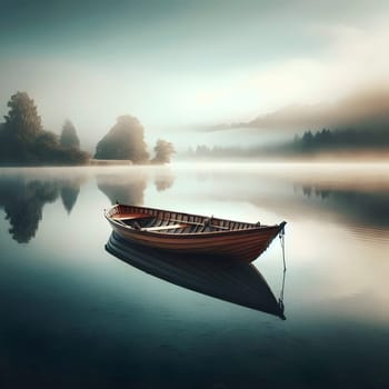 A wooden rowboat on a calm lake, surrounded by fog and trees, creating a serene and peaceful atmosphere. A high-quality photo.