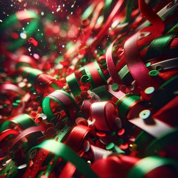 A swirling mass of red and green ribbons and buttons, creating a chaotic and festive abstract design. A high-quality photo.