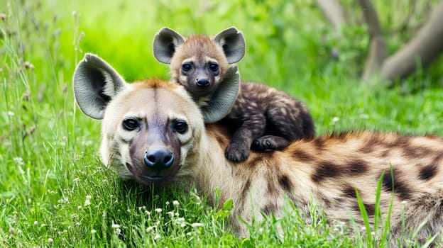 A hyena rests with its cub in lush grasslands, capturing a rare moment of bonding in the wild.