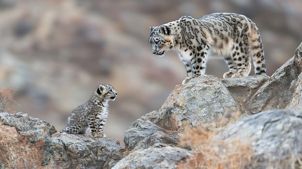 A snow leopard and its cub interact on rugged rocky terrain, a powerful moment in the wild.
