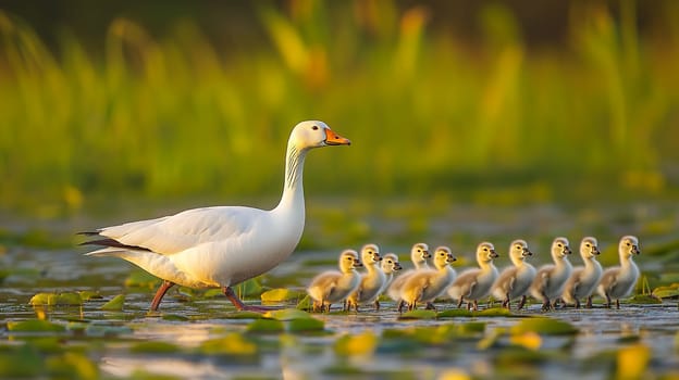 A mother goose leads her goslings through a tranquil pond, a serene scene of family togetherness in nature.