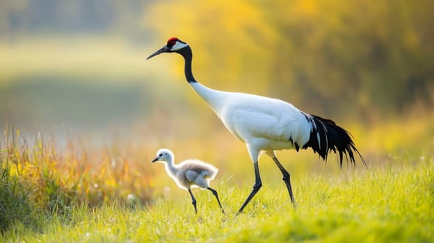 A graceful crane walks alongside its chick in a sunlit meadow, showcasing a tender moment of wildlife.