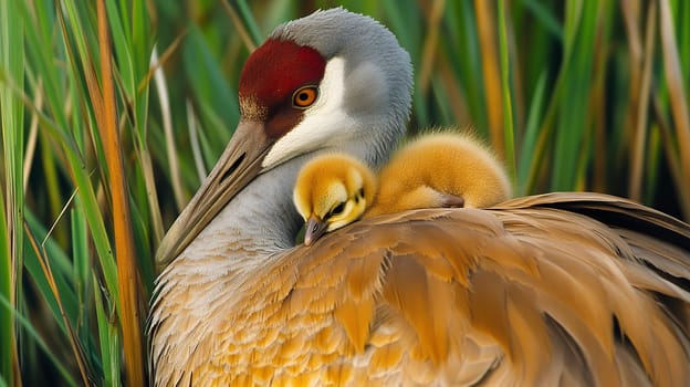 A sandhill crane cradles its chick among the reeds, illustrating a moment of nurturing love in nature.