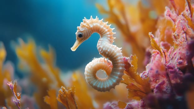A vibrant seahorse gracefully navigates through a colorful coral reef, highlighting the beauty of marine life.