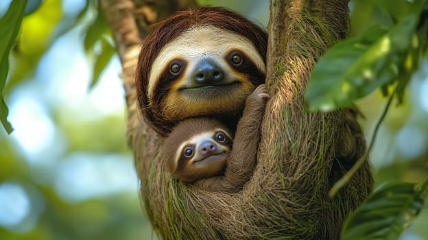 A sloth lovingly holds its baby while hanging from a tree, creating a heartwarming display of maternal care.