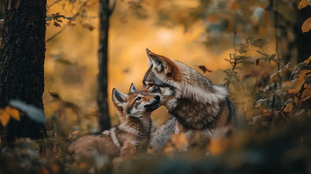 Two foxes share an intimate moment in an autumn forest setting with golden bokeh background, showcasing wildlife parenting and natural behavior.