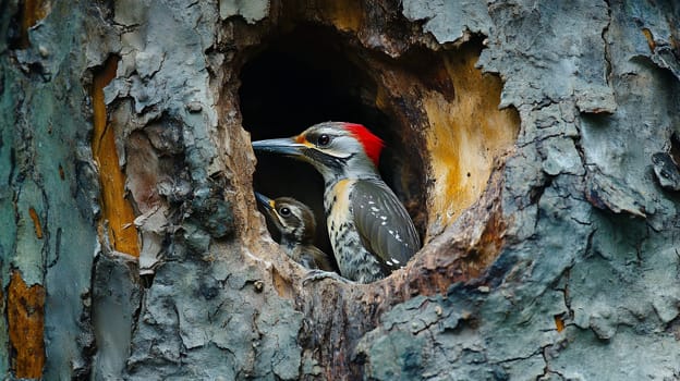 Adult woodpecker with baby in tree hollow nest, showcasing natural parenting behavior and feeding habits of wild birds.